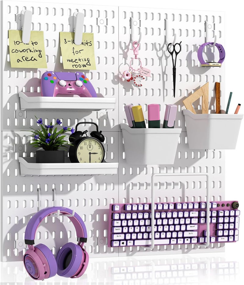 AKTOP Peg Board Wall Organizer 4-Pack – 12"x12" White Pegboard Combination Kit with 13 Accessories for Wall, Plastic Peg Board Panels for Home, Office, Garage Tool Storage & Craft Room - Image 1
